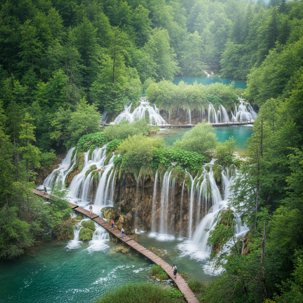 Turquoise waterfalls cascading through Plitvice Lakes National Park in Croatia