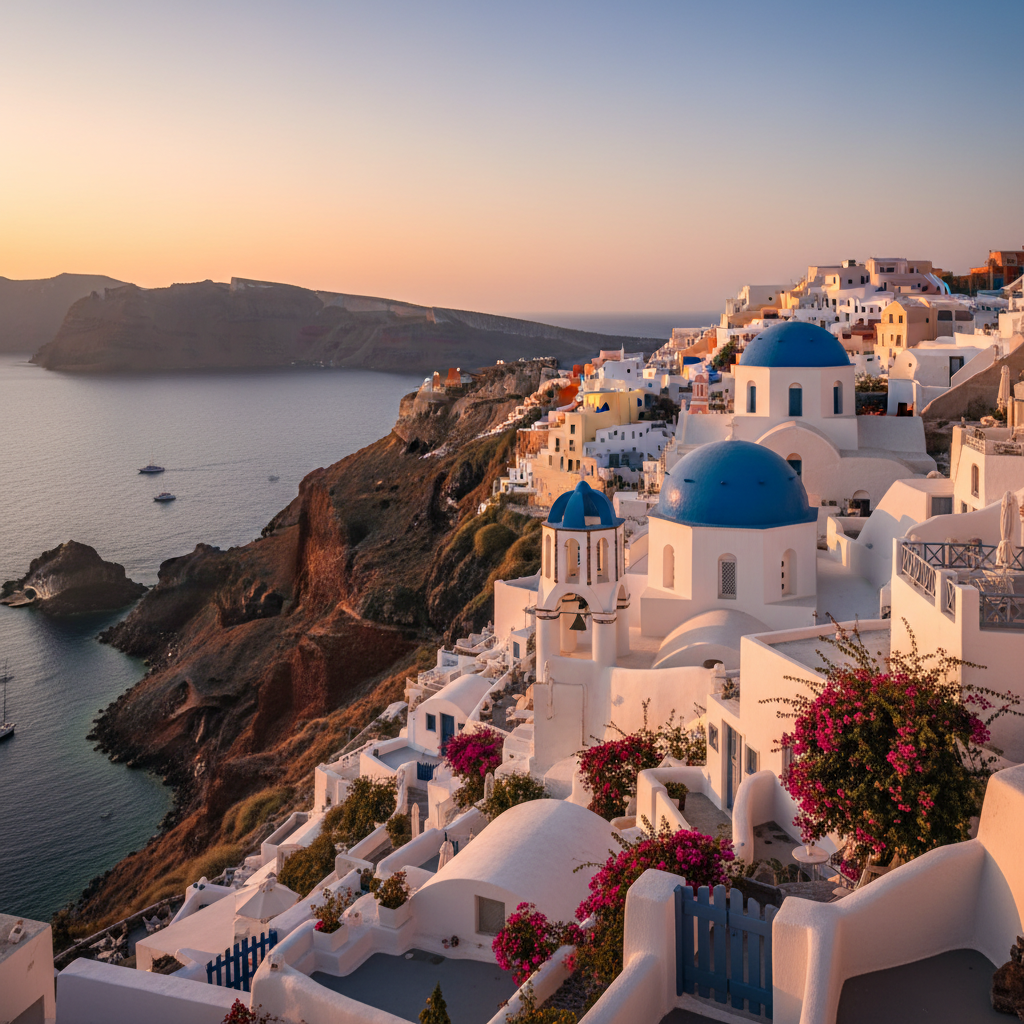 Santorini Greece white buildings with blue domes overlooking the Mediterranean caldera