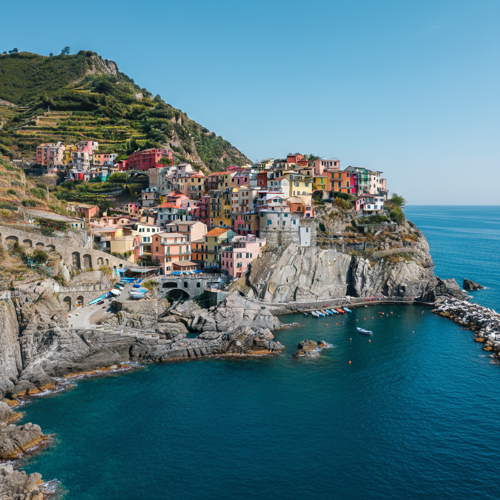 Colorful Cinque Terre villages along the Italian Mediterranean coastline