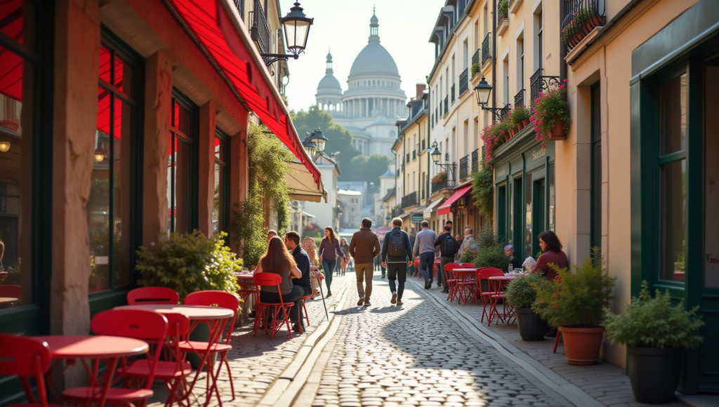 Charming cobblestone streets of Montmartre with Sacré-Cœur Basilica in background